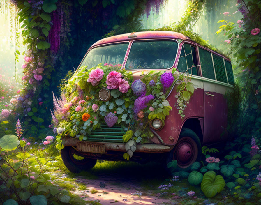 Colorful flower-covered van in magical forest setting