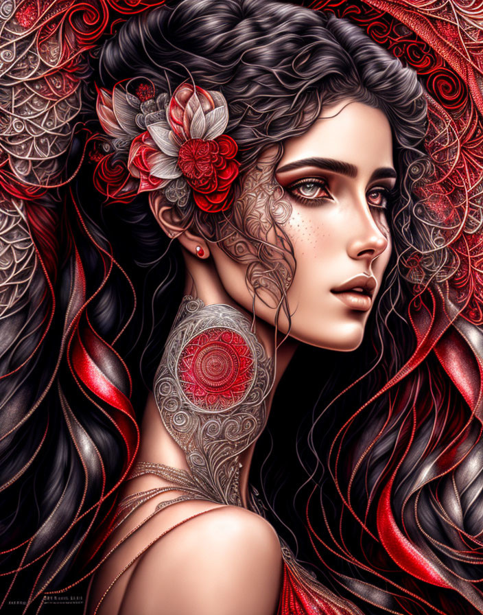 Detailed digital artwork of woman with red and black hair, tattoos, and red flower against ornate backdrop