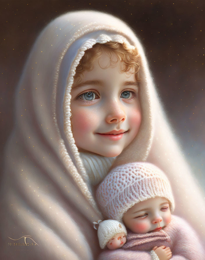 Digital portrait of two children: older sibling in white cloak, younger one asleep in pink blanket