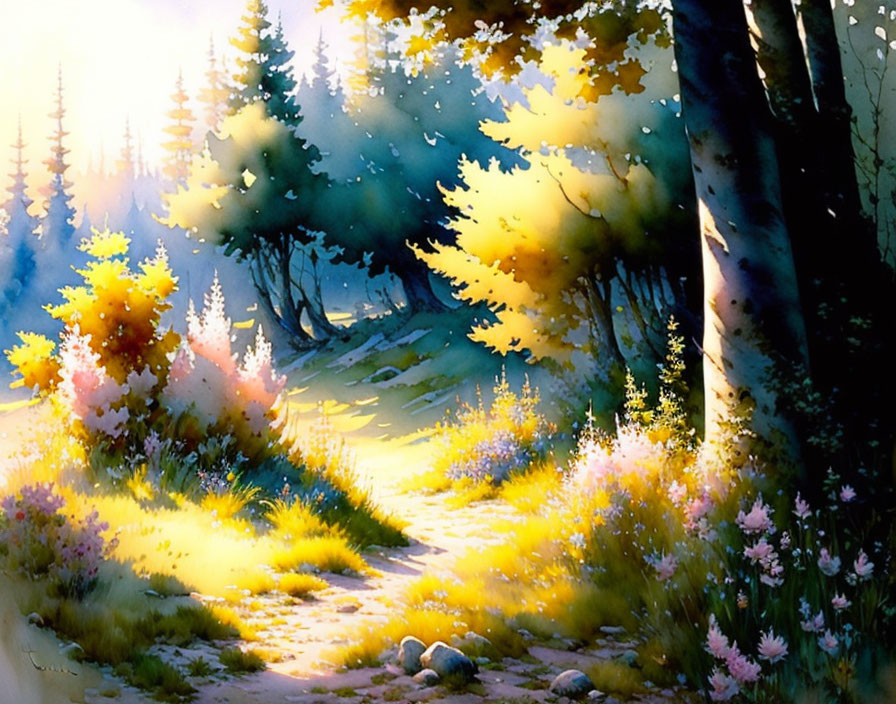 Sunlit forest path with colorful flowers and lush trees in watercolor