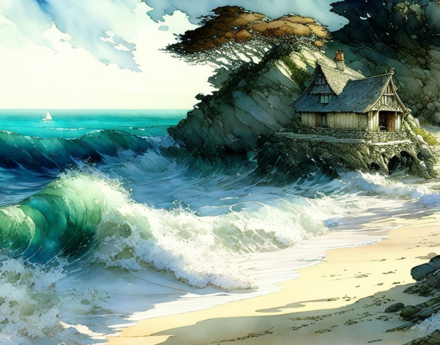 Seaside house on rocky shore with sailboat and crashing waves