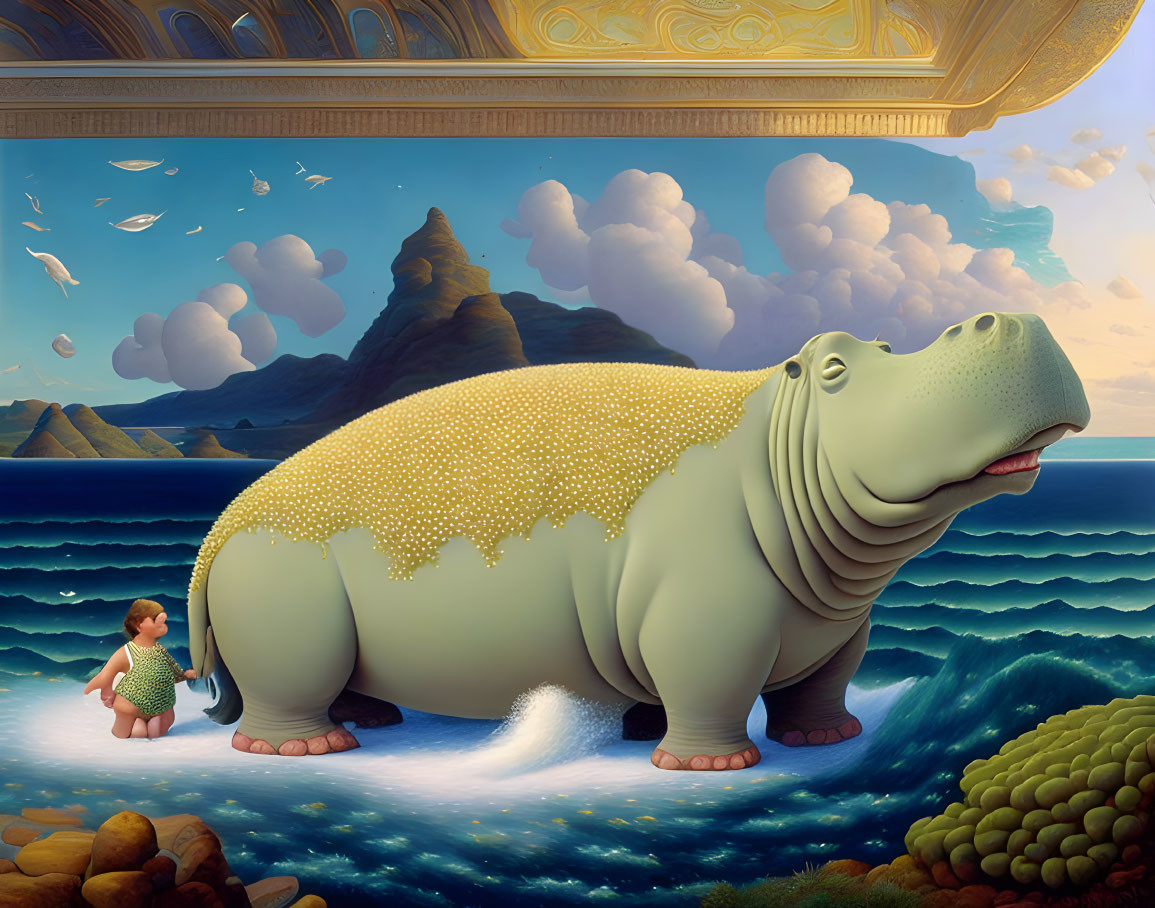 Child with calm hippo by serene waters and mountains