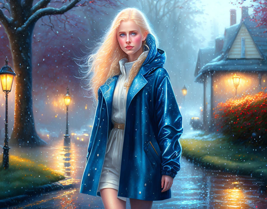 Blonde Woman in Blue Raincoat on Rainy Street