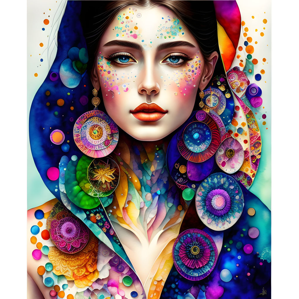 Vibrant digital art: Woman with blue eyes in cosmic mandala setting