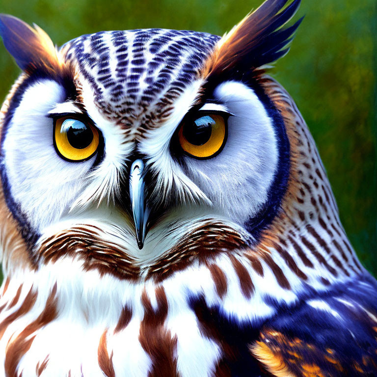 Close-up of owl with yellow eyes and brown feathers on green background