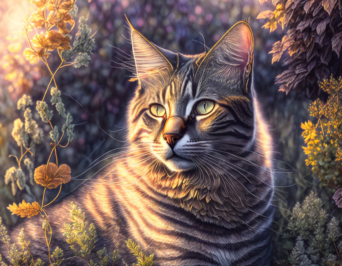 Tabby Cat with Green Eyes in Vibrant Garden Setting