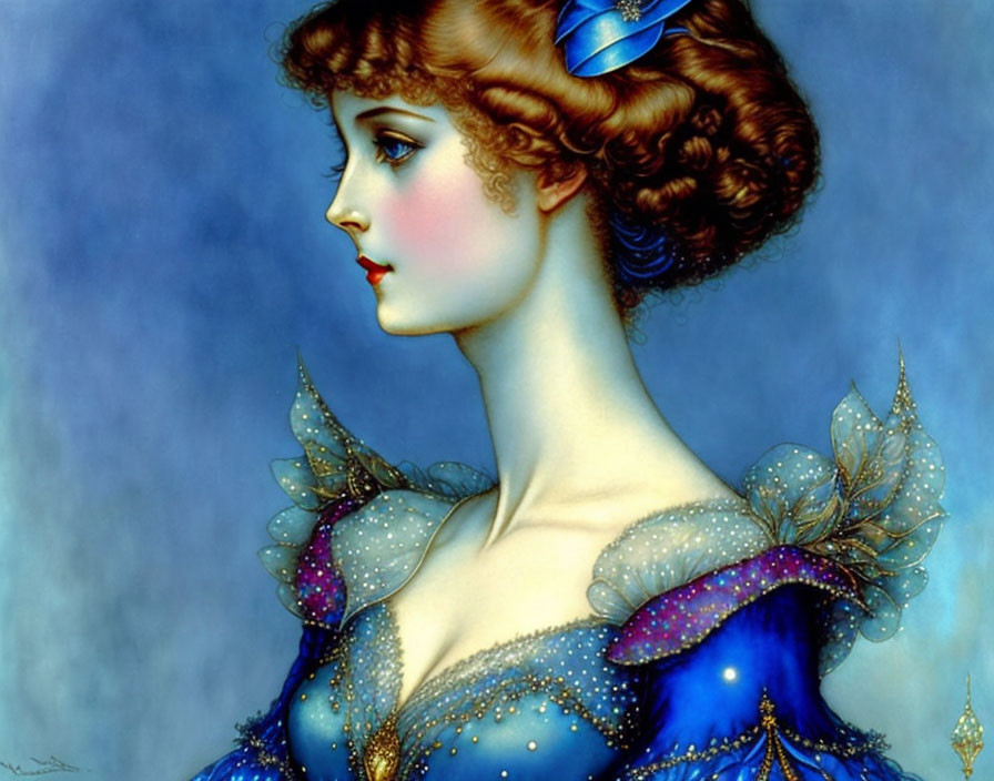 Illustration of woman with auburn hair, blue dress, and butterfly accents