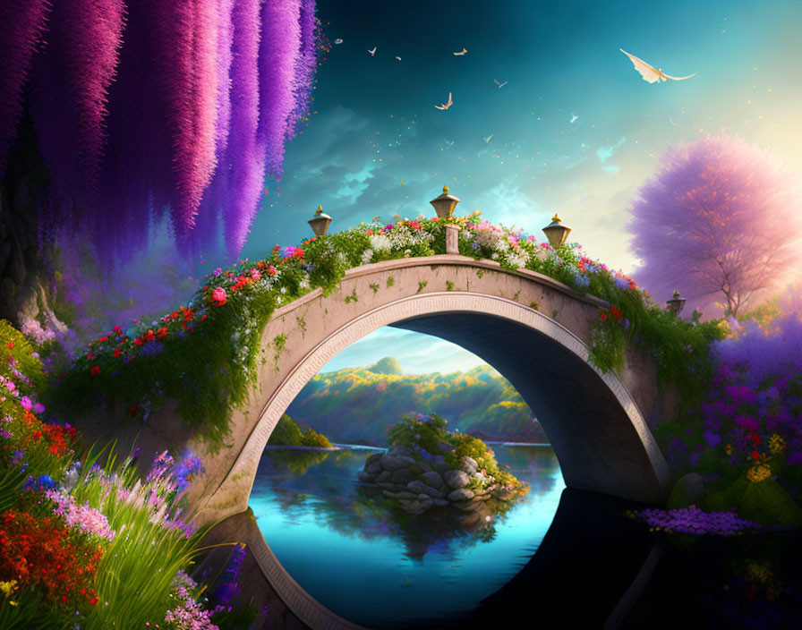 Stone bridge with vibrant flowers over tranquil river in lush, colorful landscape