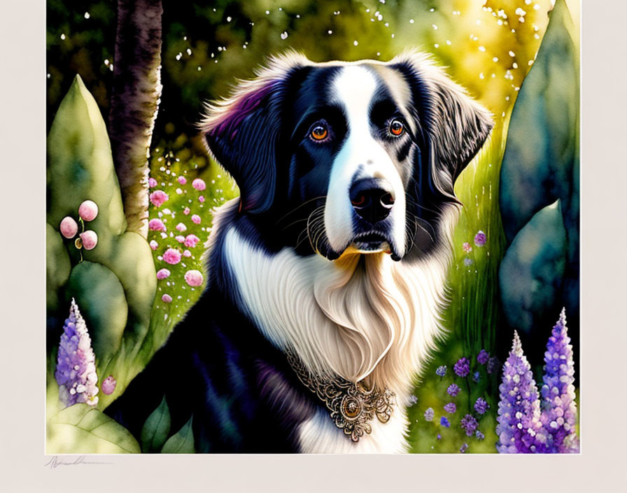 Black and white dog with brown eyes in colorful flower garden wearing a pendant