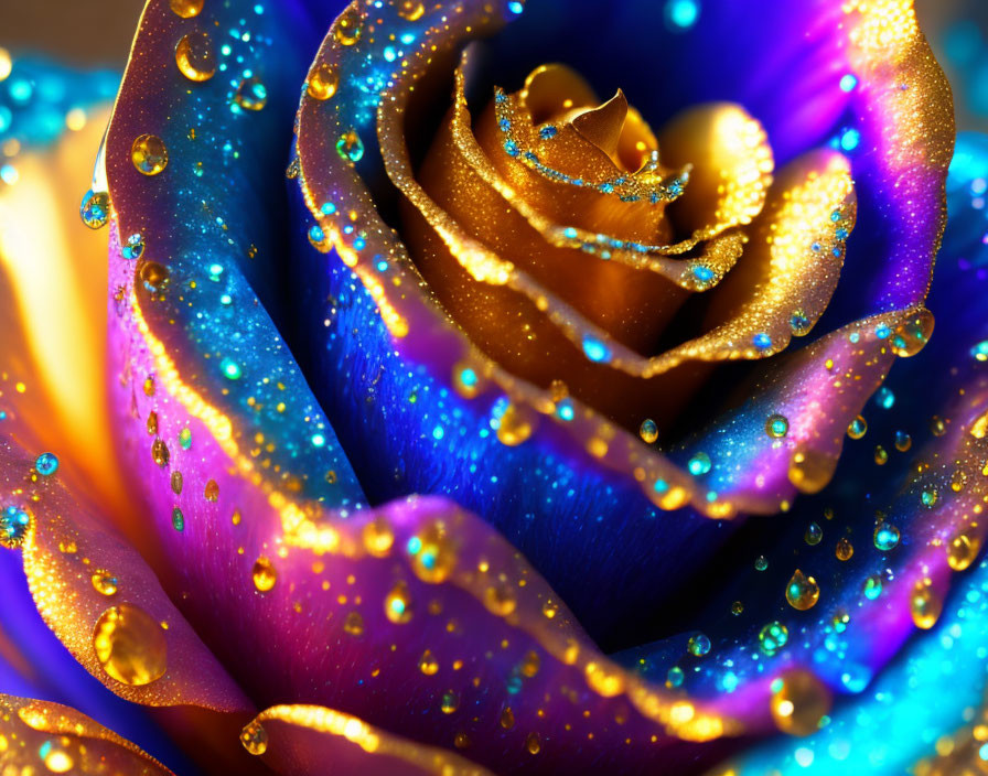 Vibrant multicolored rose with glittering dewdrops in gold, blue, and purple