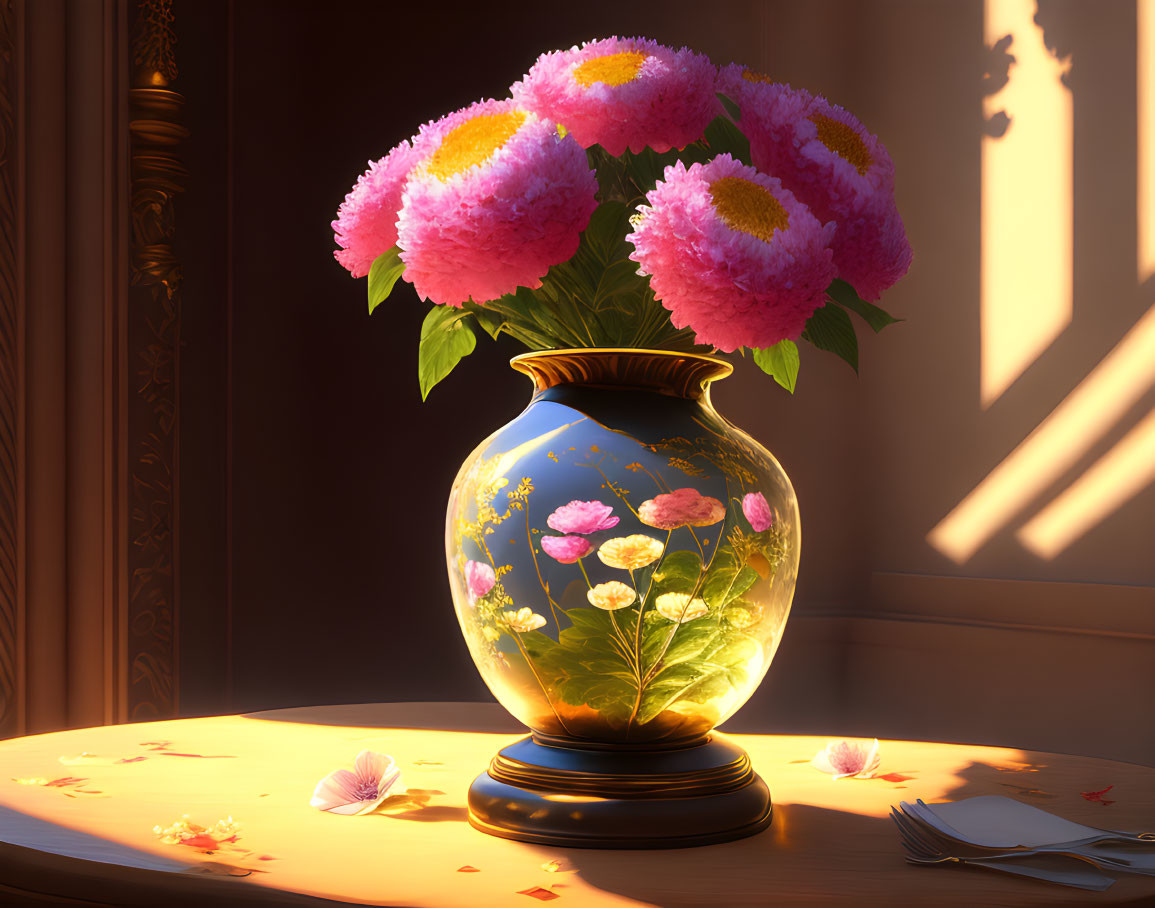 Pink Blooming Flowers in Vase on Table with Note and Fallen Petals