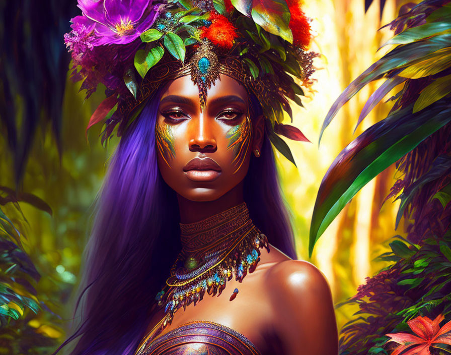 Vibrant tropical illustration of woman with purple hair and floral headpiece