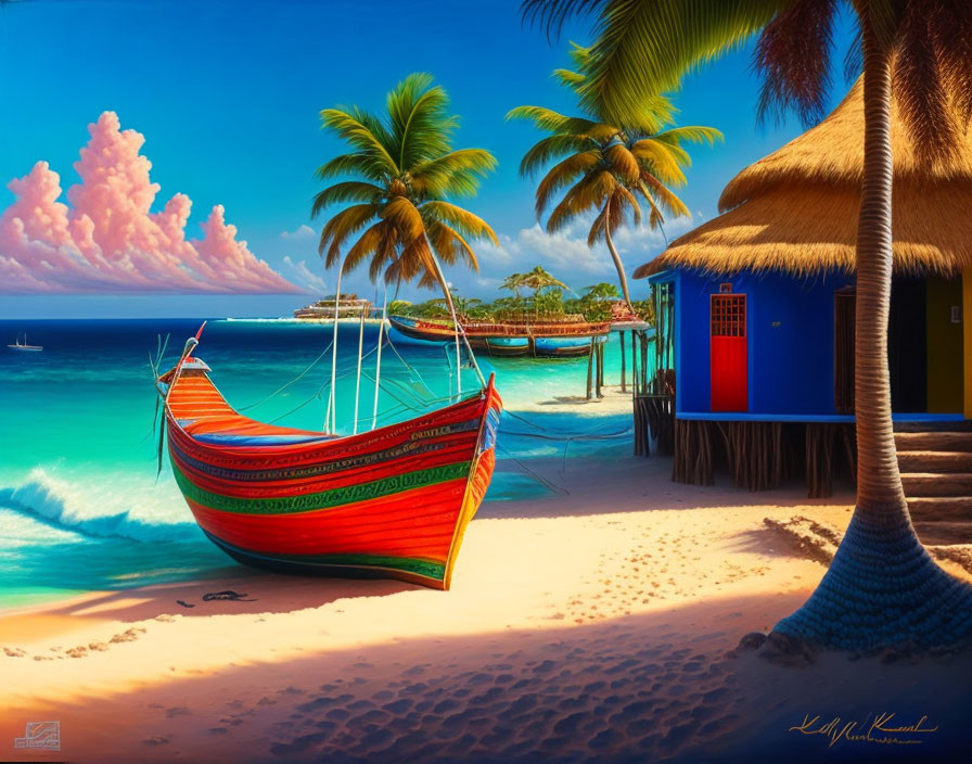 Red boat painting on tropical beach with palm trees and huts