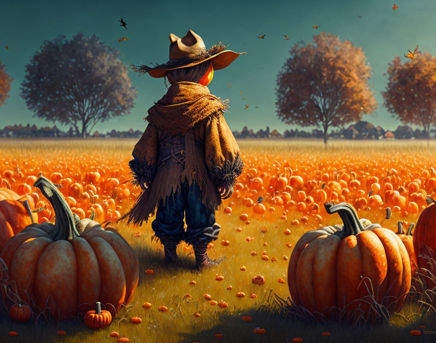 Scarecrow with pumpkin head in autumn pumpkin field