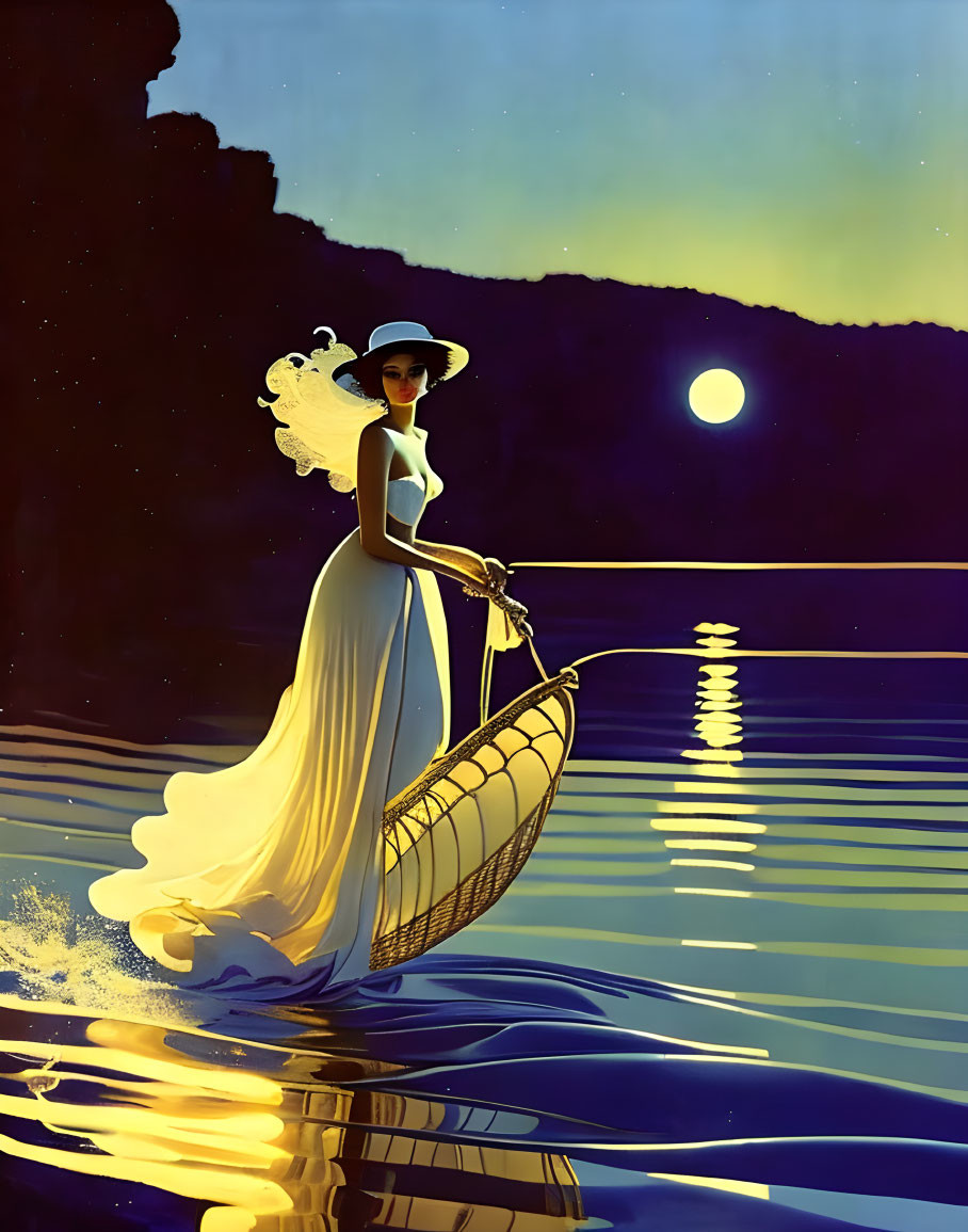 Woman in white dress and hat in boat under starry night sky with moon reflection