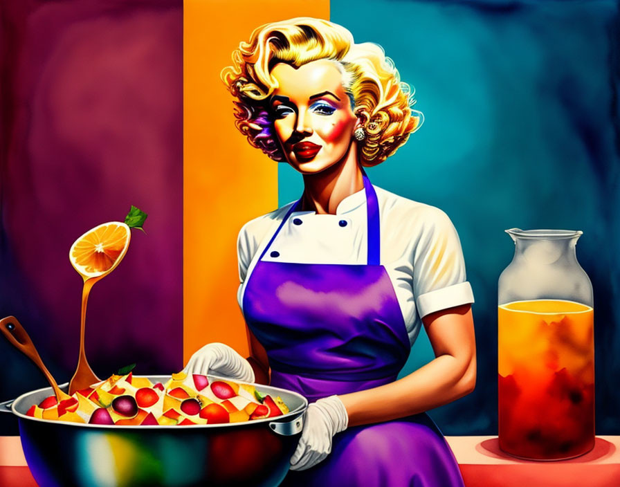 Colorful painting of woman making fruit salad with lemon slice and pitcher