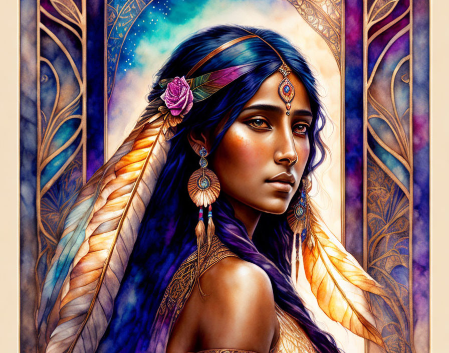 Colorful digital artwork: Woman with blue hair, traditional jewelry, dreamcatcher earrings, cosmic feather