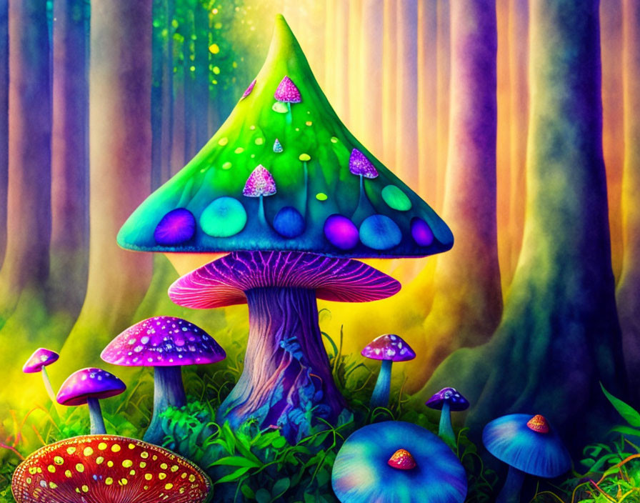 Colorful oversized mushrooms in vibrant forest scene with glowing trees.