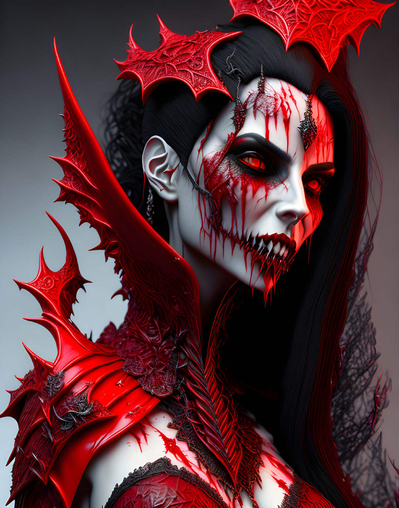 Digital artwork: Female figure with red vampire-like features in spiky dragon scale armor