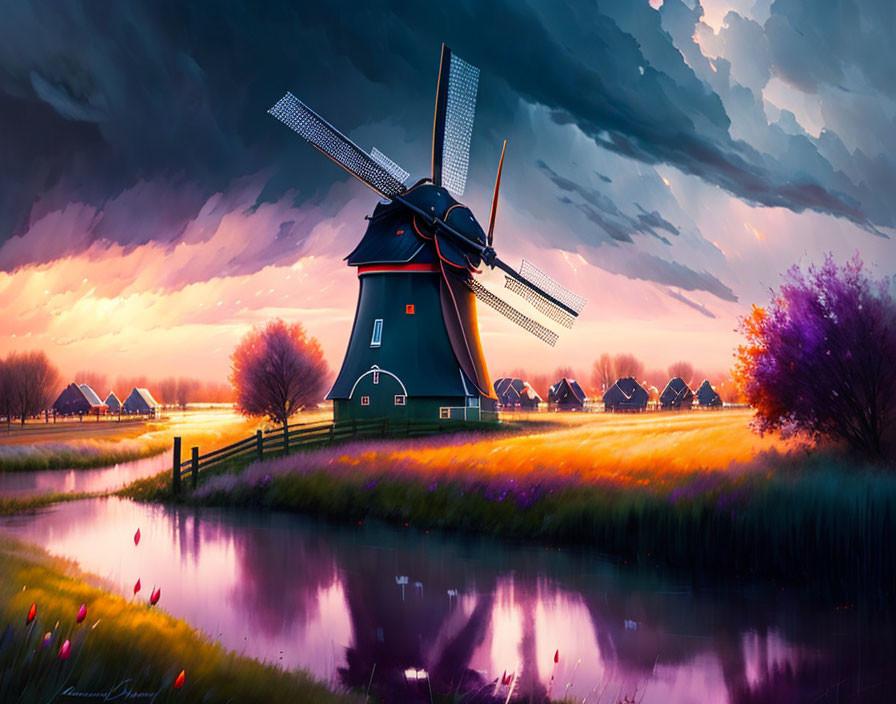 Dutch windmill at sunset with colorful fields and canal