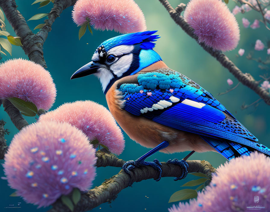 Colorful digital artwork: Blue jay on branch with pink flowers