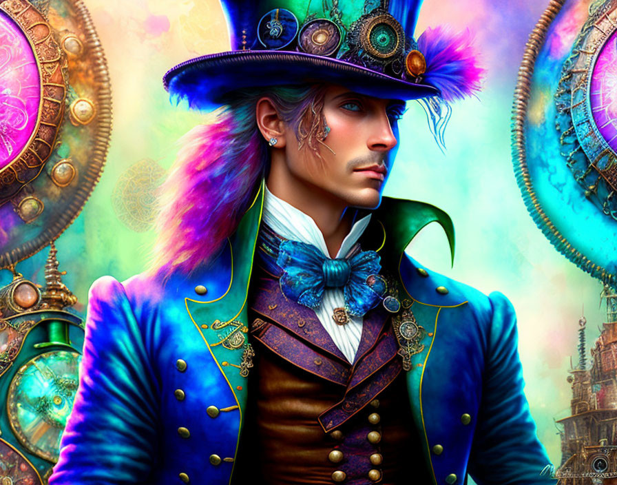 Stylish man in purple hat and blue coat with steampunk gears background