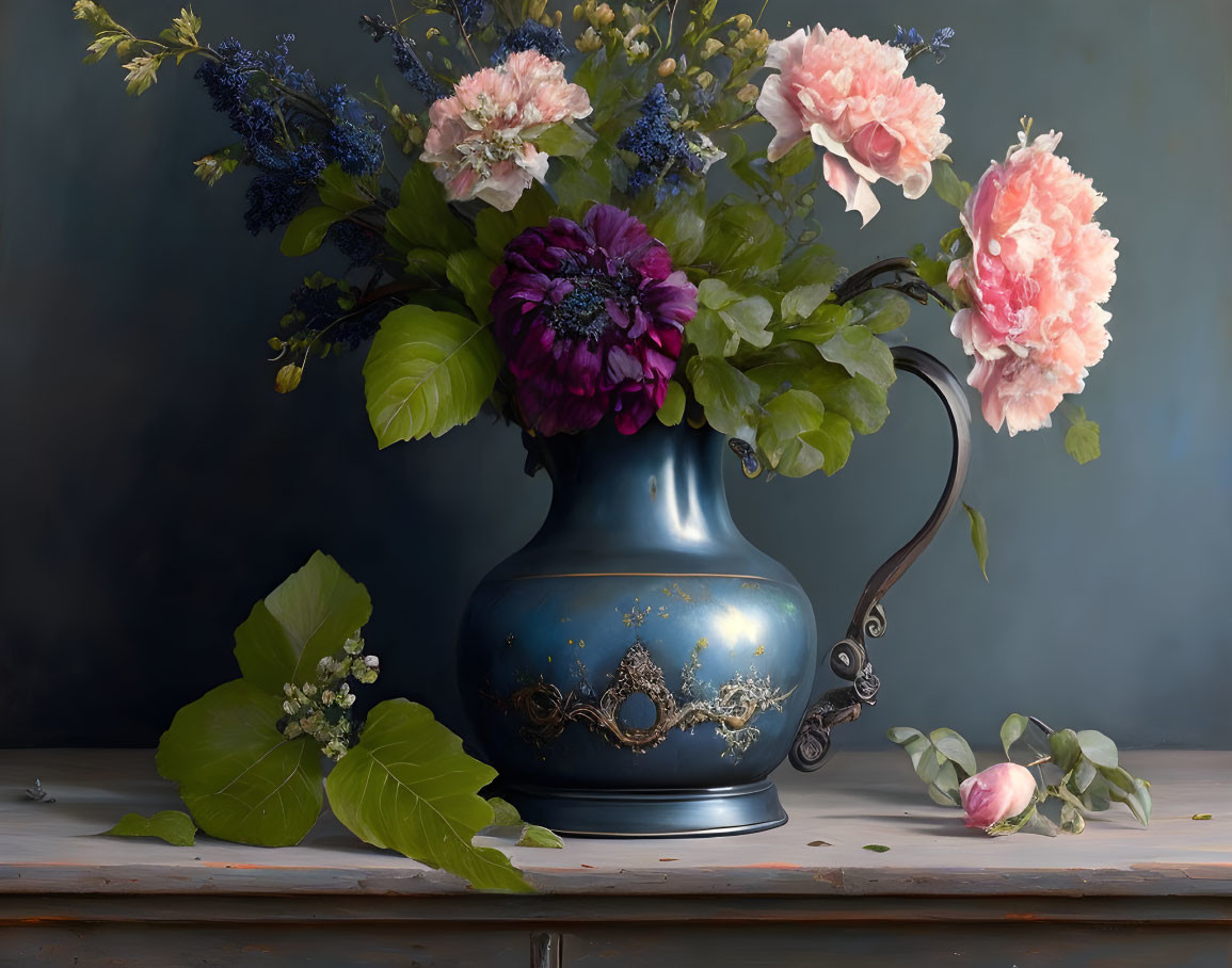 Blue vase with metallic details, peonies, and blue flowers on moody backdrop