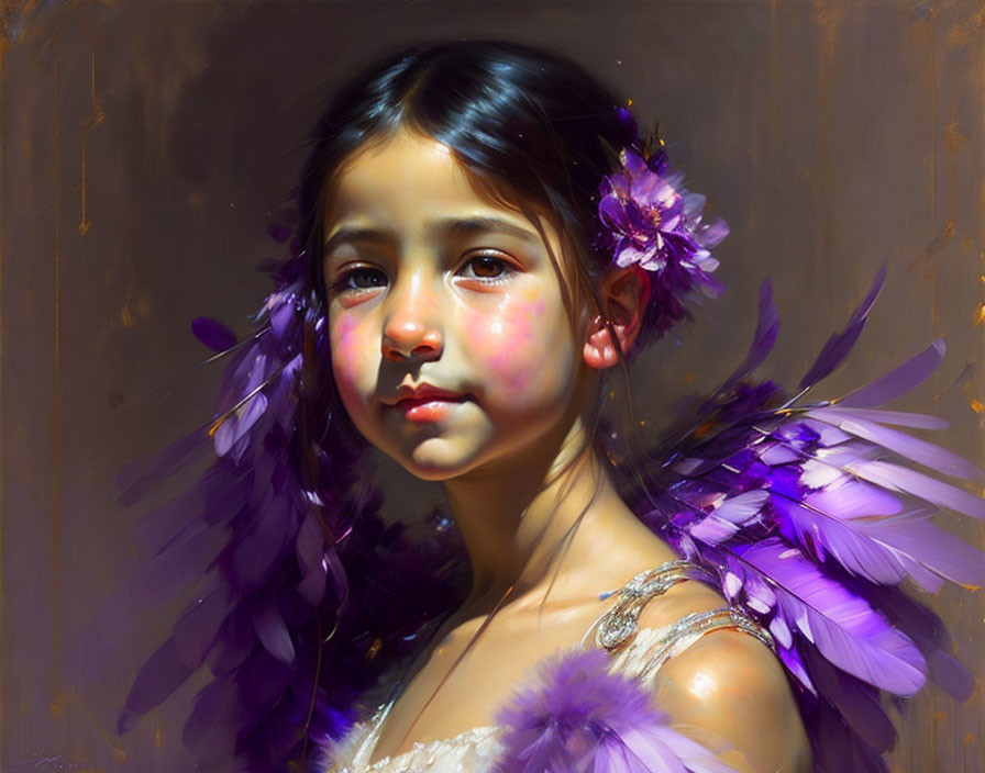 Portrait of young girl with serene expression and purple feathers and flowers in hair.