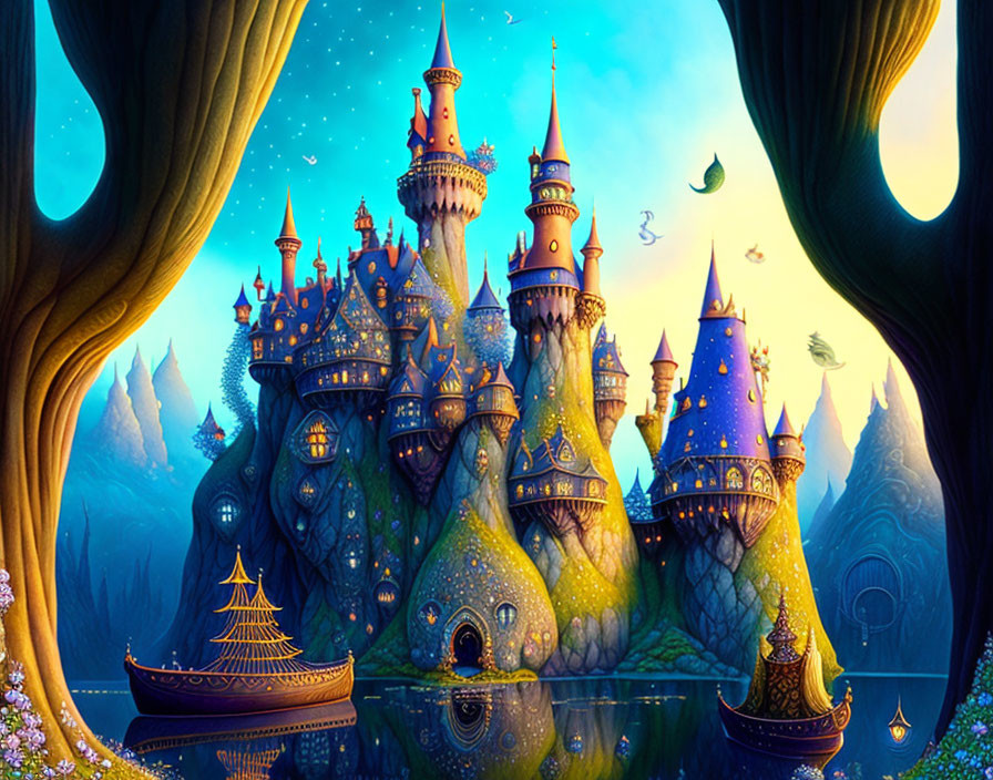 Colorful Fairy-Tale Castle in Magical Forest at Twilight