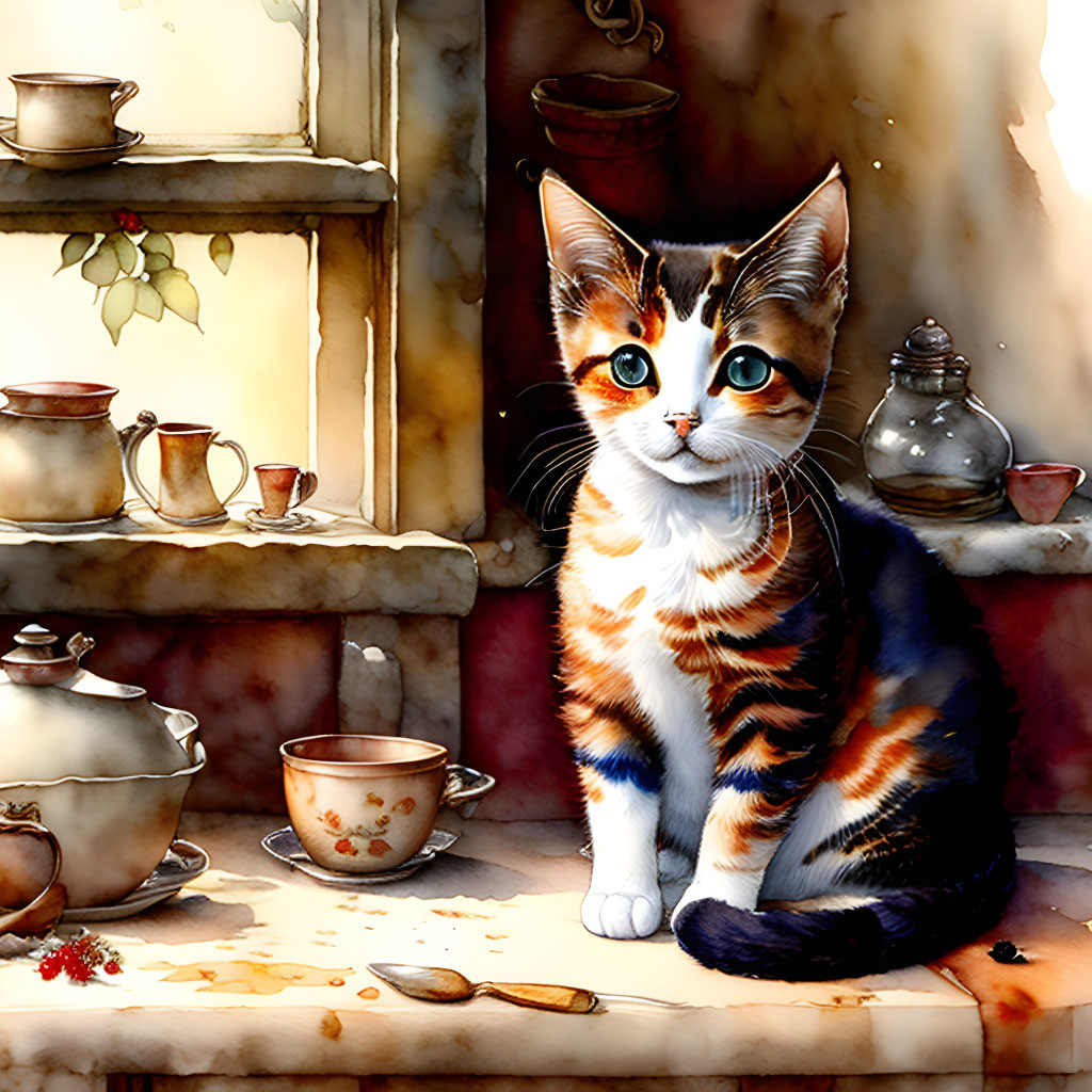 Calico Kitten with Tea Cups on Sunlit Table