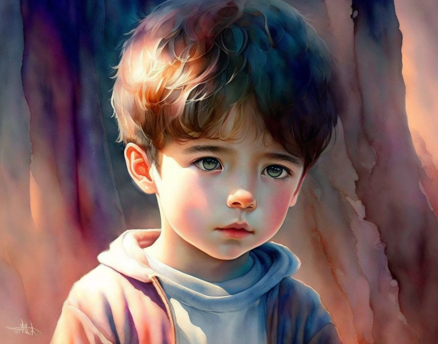 Portrait of young child with expressive eyes in colorful background