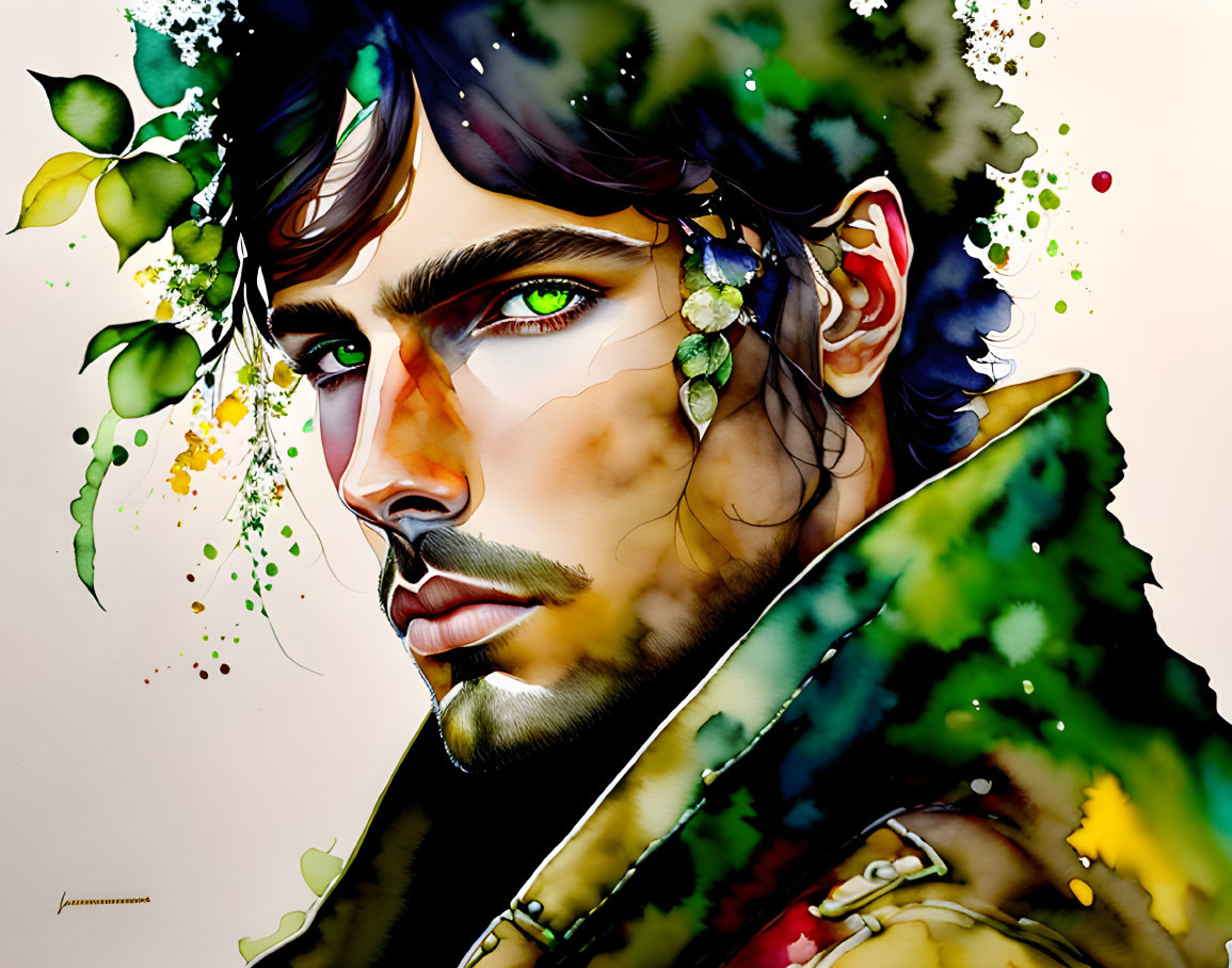 Colorful artwork featuring a man with green eyes and leafy elements