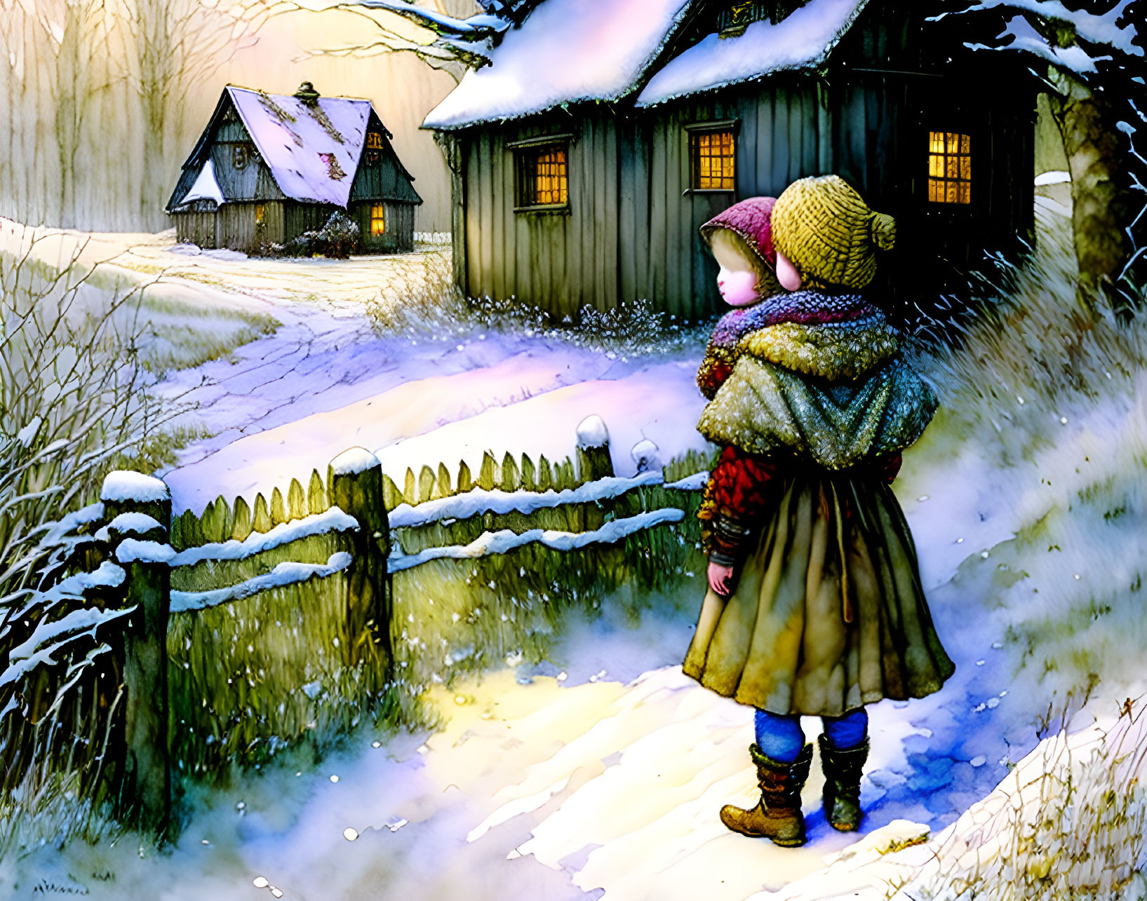 Children in winter clothes by snow-covered fence near quaint house in snowy dusk landscape