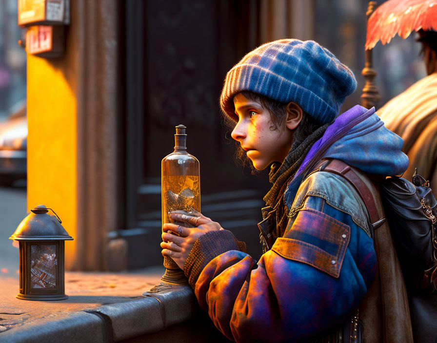 Child in warm clothes with ship in bottle beside lit lantern at dusk