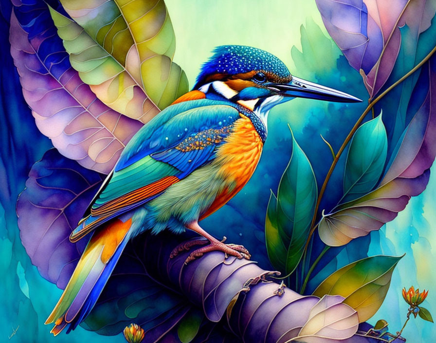 Colorful kingfisher on branch with lush foliage