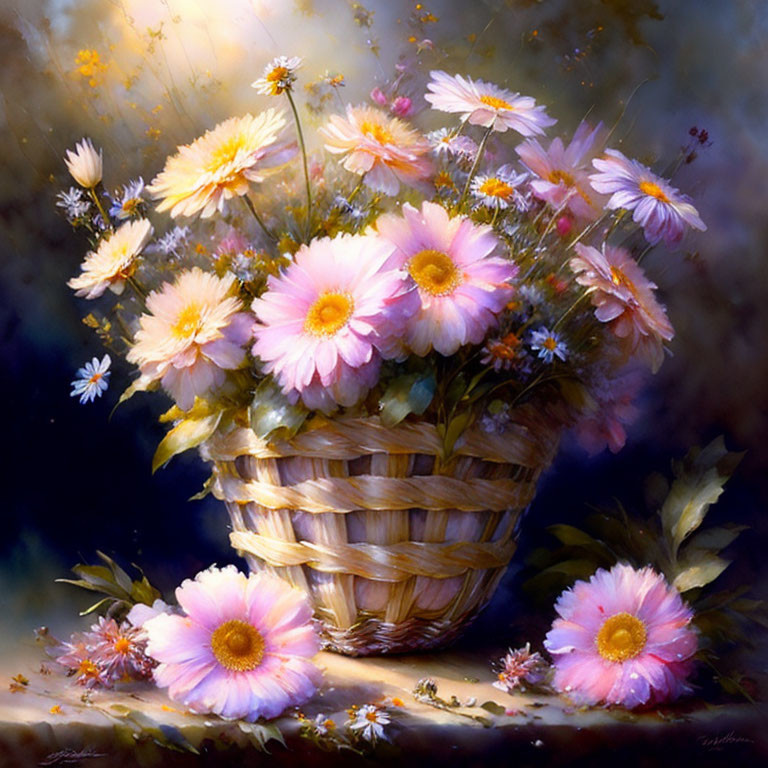 Colorful painting of a basket with pink and white flowers in soft light