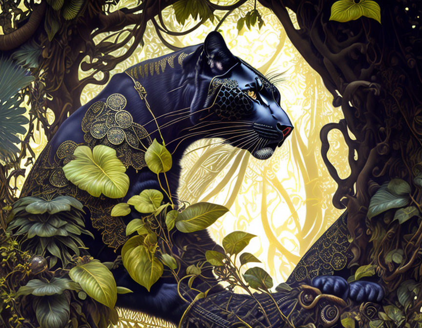 Black Panther with Ornate Patterns in Lush Jungle