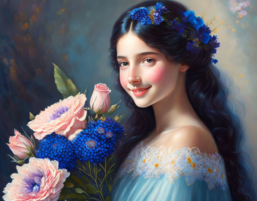 Portrait of a Smiling Woman with Blue Flowers in Hair