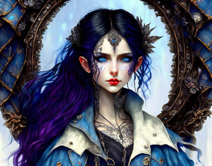 Fantasy character with blue skin, purple hair, facial tattoos, and jewelry in ornamental frame