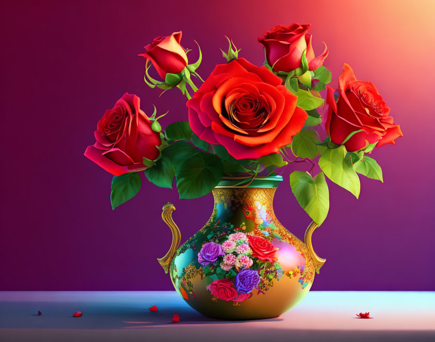 Red Roses Bouquet in Golden Vase on Pink and Purple Background