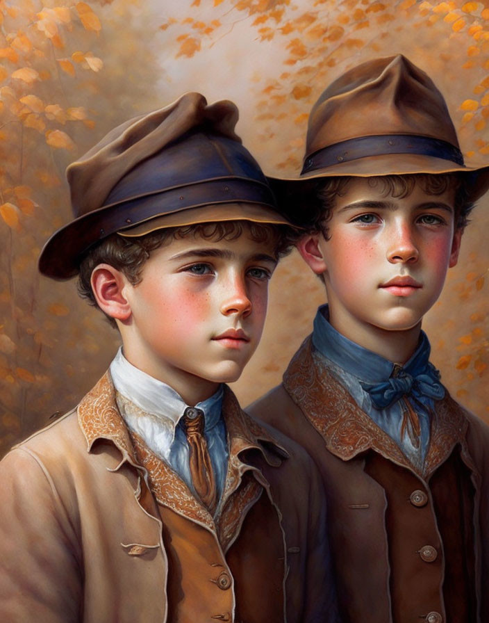 Vintage Clothing Boys with Solemn Expressions in Autumnal Setting