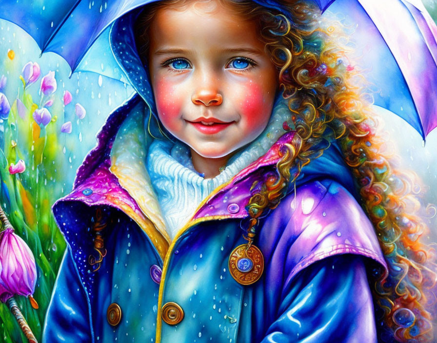 Colorful painting of young girl with blue umbrella and raincoat