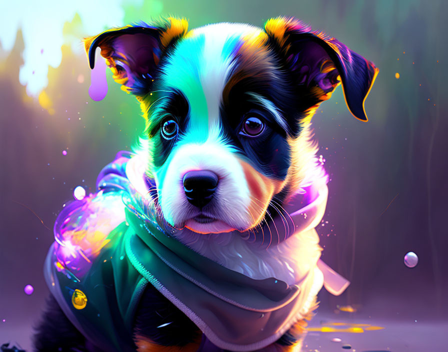 Colorful digital artwork: Puppy with green scarf, glowing elements, whimsical paint splatters