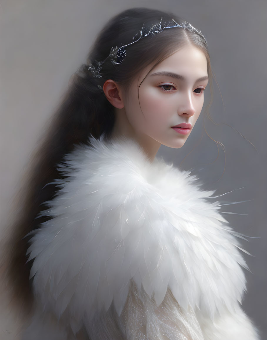 Portrait of woman with long hair in white feathered garment, serene expression