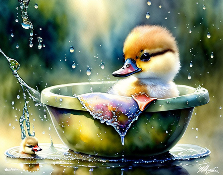 Adorable ducklings in green bowl with splashing water