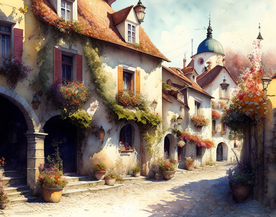 Charming cobblestone street with colorful flowers and old houses