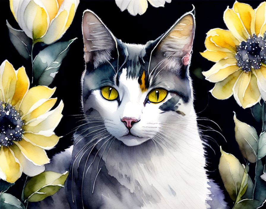 Cat Watercolor Painting with Yellow Eyes and Flowers