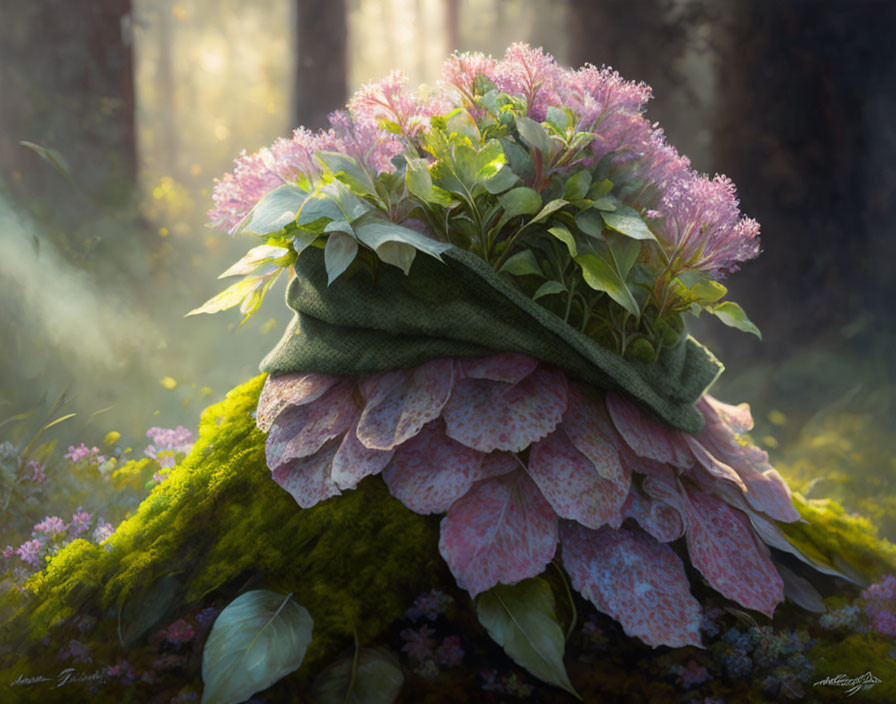 Pink flowers on moss-covered rock in mystical forest with sunbeams