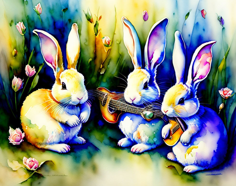 Colorful rabbits playing musical instruments in whimsical watercolor.