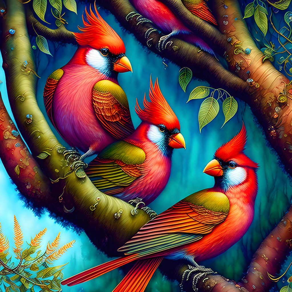 Three vibrant red Northern Cardinals perched on tree branches in lush green foliage with a deep blue background.